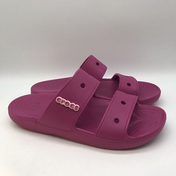 CROCS Iconic Comfort Men's 13 Pink Slides Fushia Fun Double Strap Sandal Jibbits - Picture 3 of 12